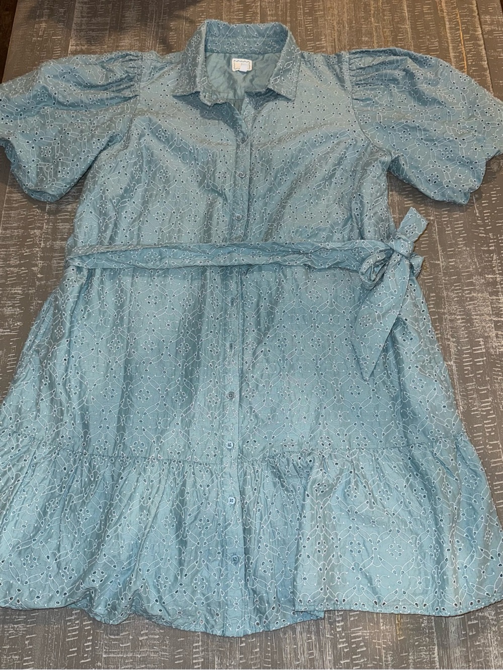 Crown & Ivy Society Social Eyelet Mini Shirt Dress Belt & pockets SZ L Blue